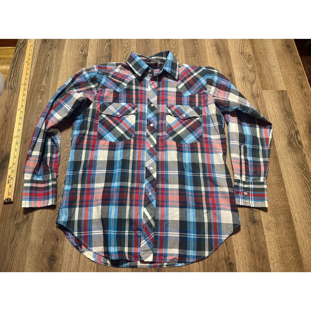 Outlaw Shirt Men's Large, Blue Green Red White Plaid Button Up Western Wear